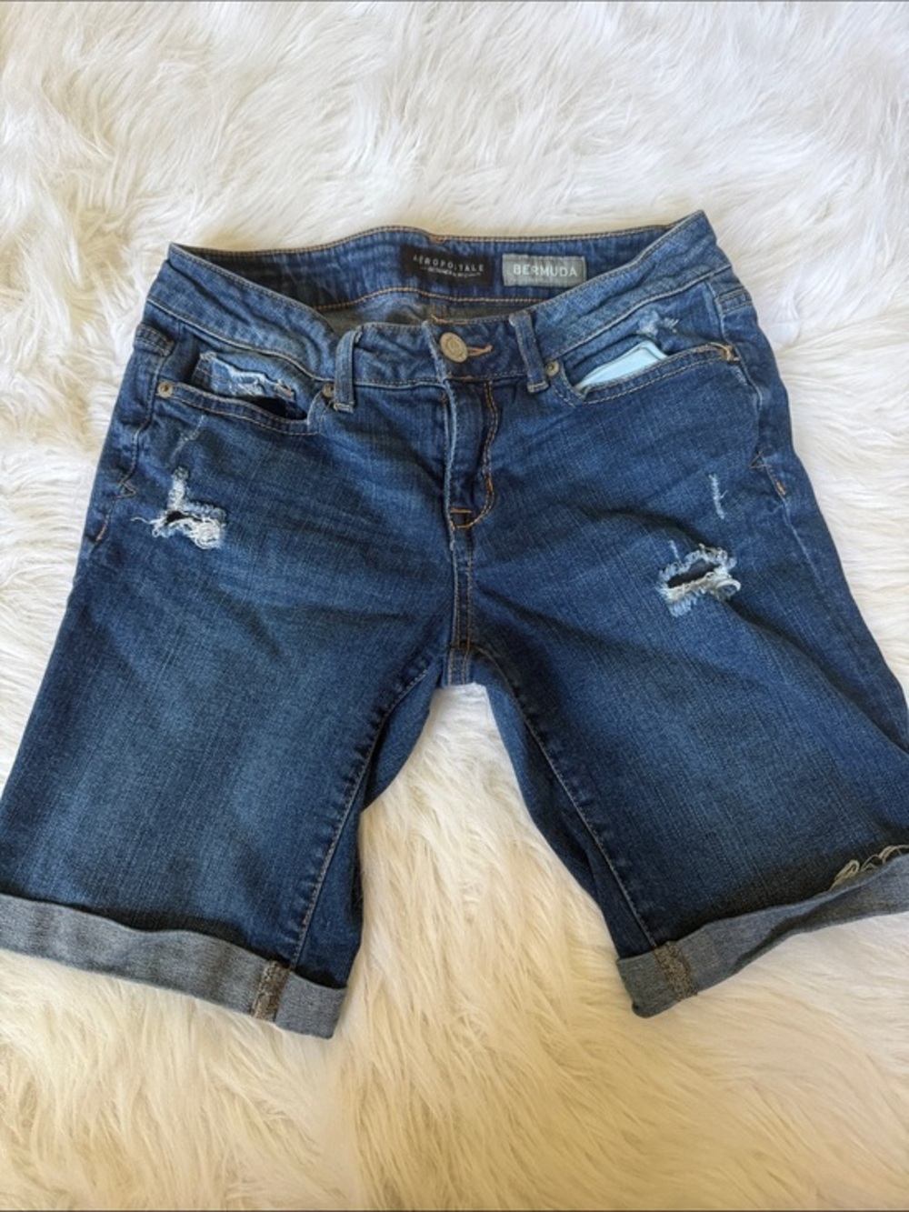 Aeropostale Distressed Dark Blue Denim Bermuda Shorts